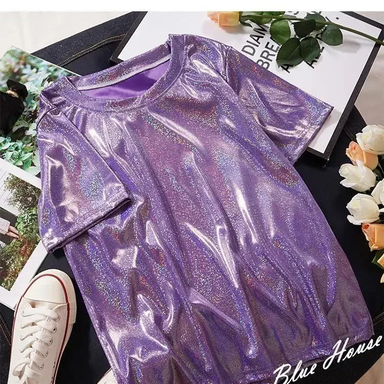 S-5XL Womens Sparkly Shiny Metallic Holographic Round Neck Short Sleeve Casual Loose Top Festival Party Tee Shirt Female Clothes PURPLE