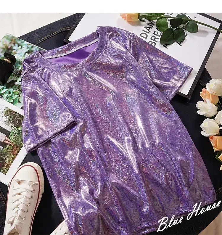 S-5XL Womens Sparkly Shiny Metallic Holographic Round Neck Short Sleeve Casual Loose Top Festival Party Tee Shirt Female Clothes PURPLE