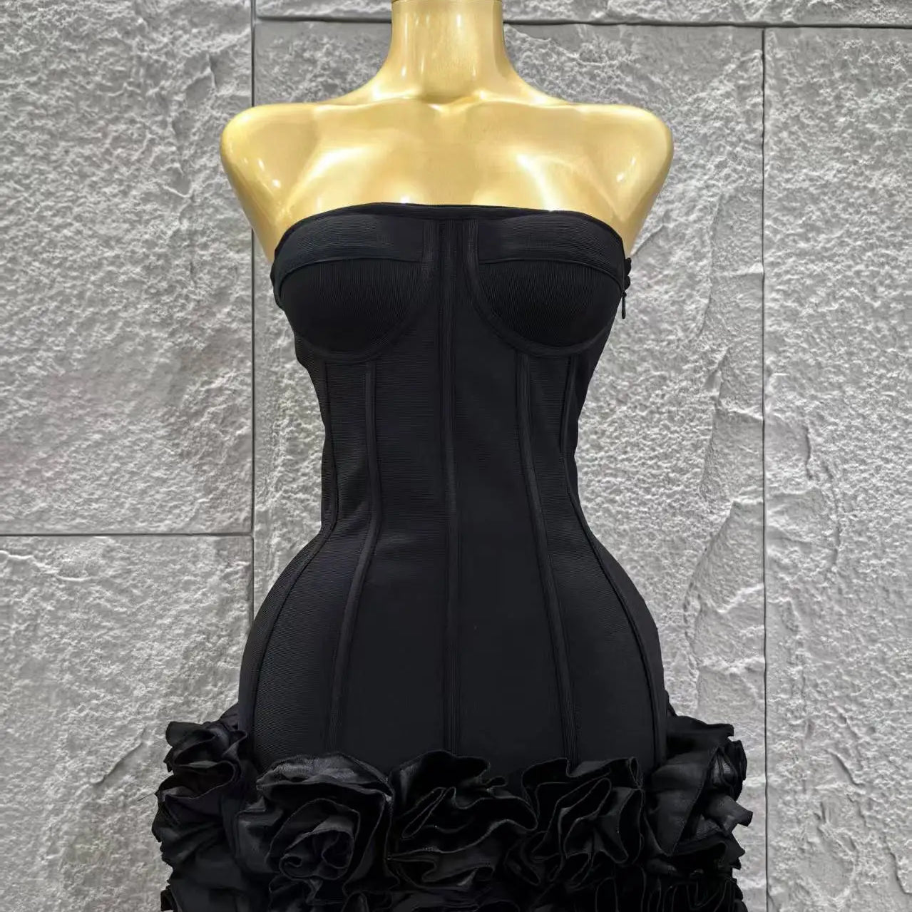 Black Color Women Sexy Strapless Florals Bodycon Mini Ball Gown Bandage Dress Celebrate Nightclub Party Bar Birthday Outfit