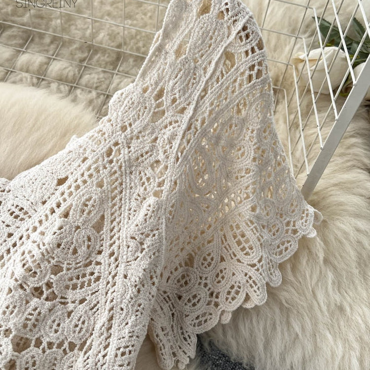 SINGREINY Loose Knit Long Dress Women V Neck Solid Hollow Out Design Retro Fashion 2024 Ladies Y2K Casual Summer Beach Dresses