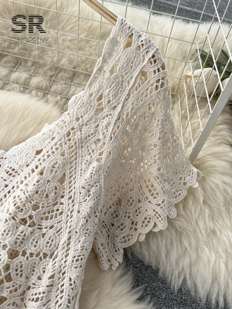 SINGREINY Loose Knit Long Dress Women V Neck Solid Hollow Out Design Retro Fashion 2024 Ladies Y2K Casual Summer Beach Dresses