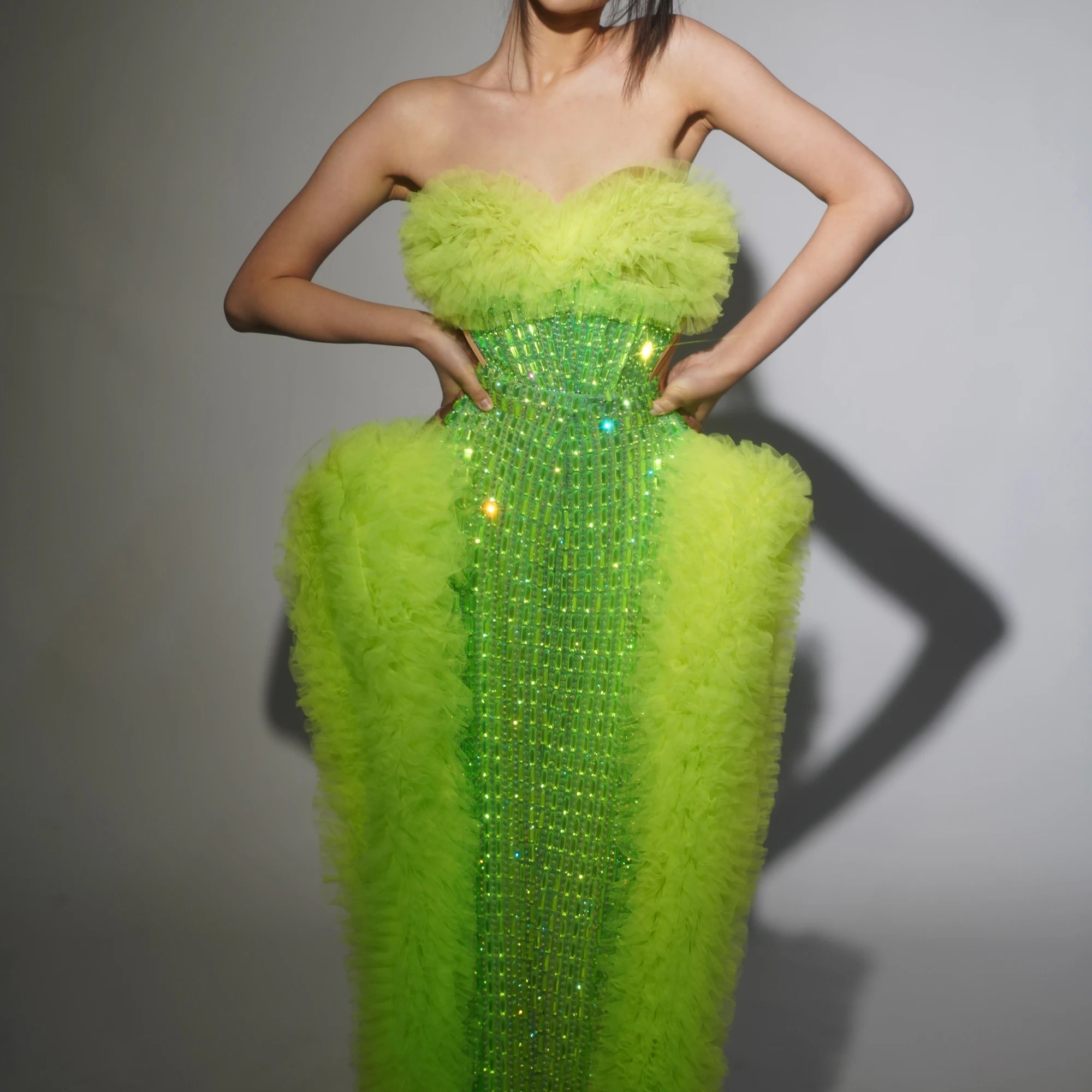 STOCK Women Sexy Mesh Ruffles 2 Pieces Laced-up Ball Gown Long Dress Fashion Nightclub Party Performance Costume Stage Wear Light Green