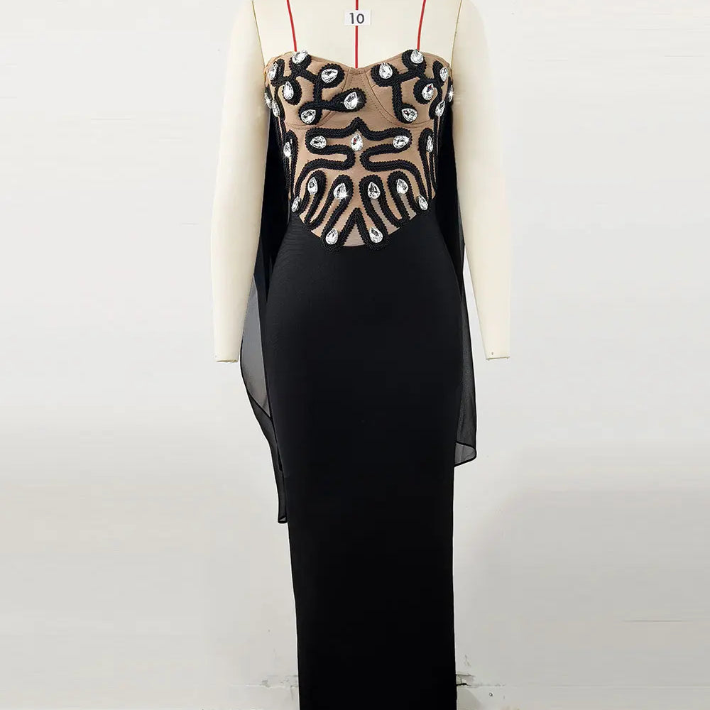 2025 Elegant Women's Light Luxury Nail Bead Patchwork Bandage Dress+Scarf Strapless Sleeveless Bodycon Long Dress Party Vestidos black