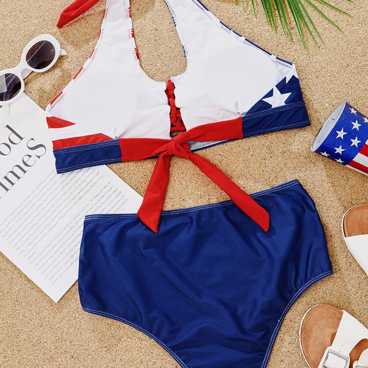 Women Lace Up Bikini Set Cutout Two Piece Swimsuit High Waist US Flag Swimwear Sexy Halter Beachwear 2024 New Bathing Suit