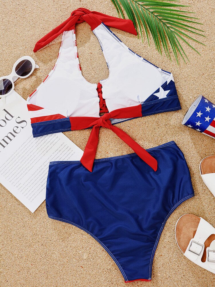 Women Lace Up Bikini Set Cutout Two Piece Swimsuit High Waist US Flag Swimwear Sexy Halter Beachwear 2024 New Bathing Suit