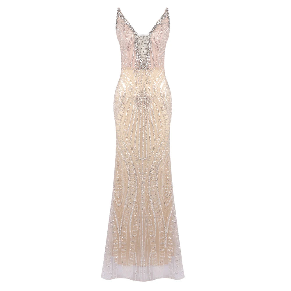 Stunning Crystal Embellished Mermaid Deep-V Neck Dress Gown for Glamorous Evenings Beige