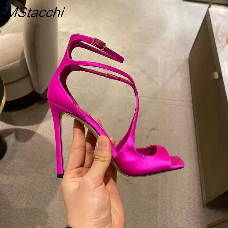 Women's Luxury Sandals Summer Pink Satin Open Toe Stiletto Sandals Concise High Heels Women Pumps Ankle Straps Designer Shoes rose red