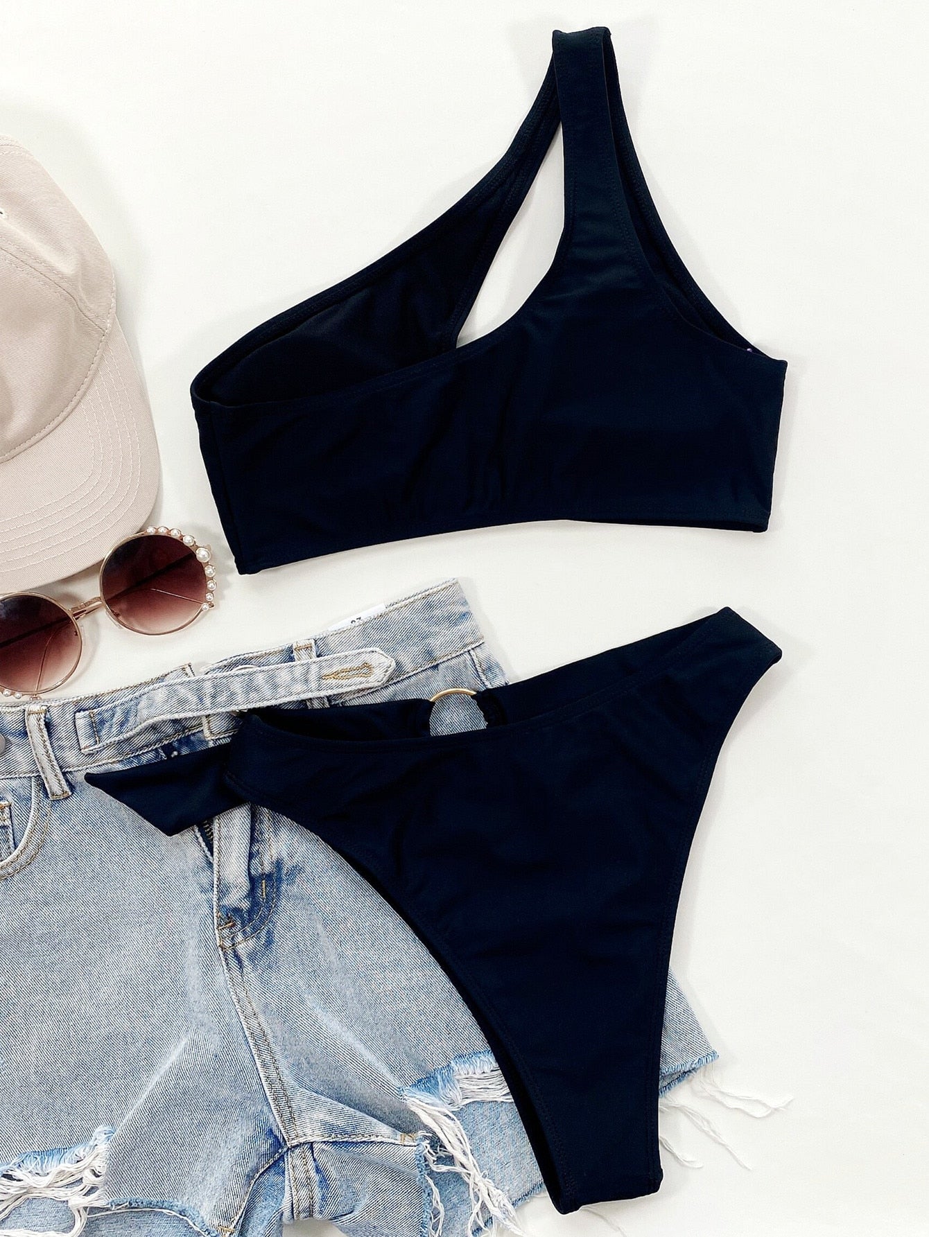 Push Up Bikinis Solid One-shoulder Swimsuit - Conjunto Biquinis Feminino Trajes De Baño Mujer