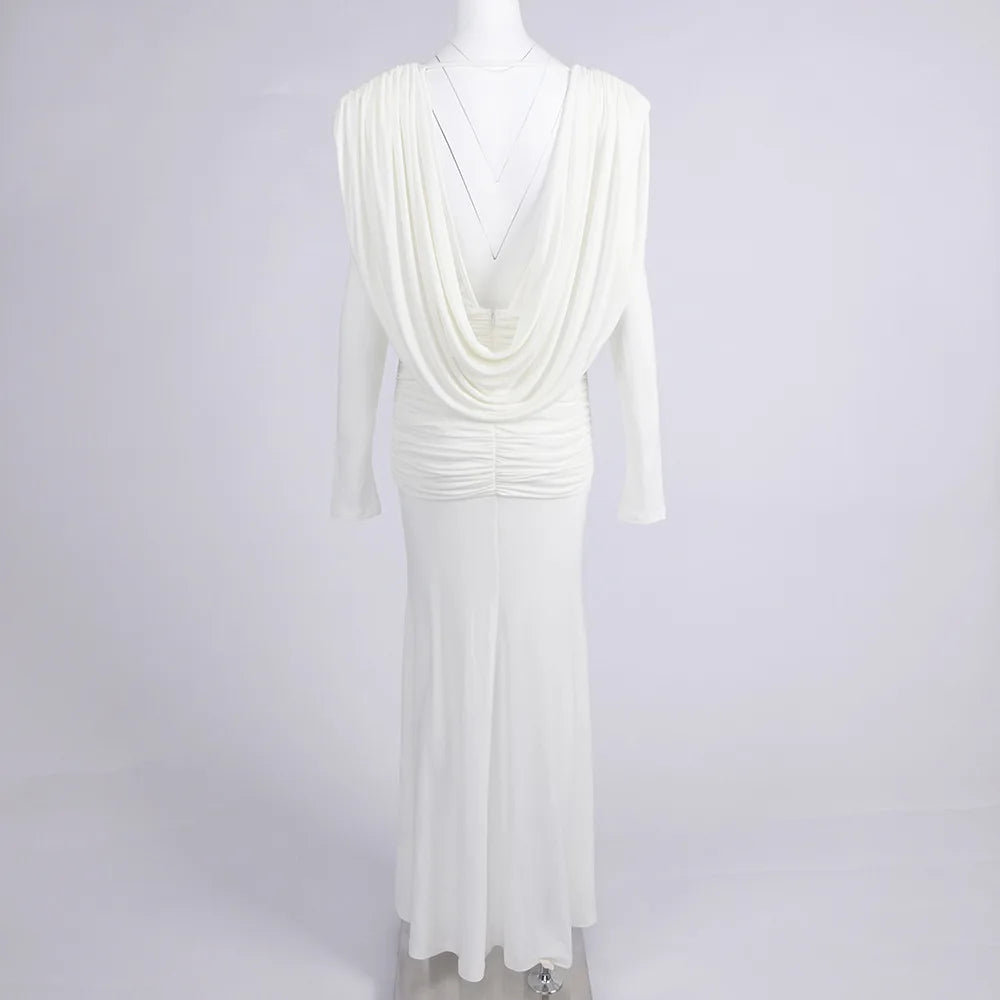 Solid Slimming Spliced Folds Minimalist Dresses for Women V Neck Long Sleeves Elegant Evening Dress Female Fashion