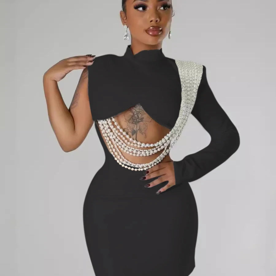 Women Full Sleeve Elegant O-neck Mini Dress 2024 Summer Pearl String Sexy Street Night Club Party Vestidos Dresses black