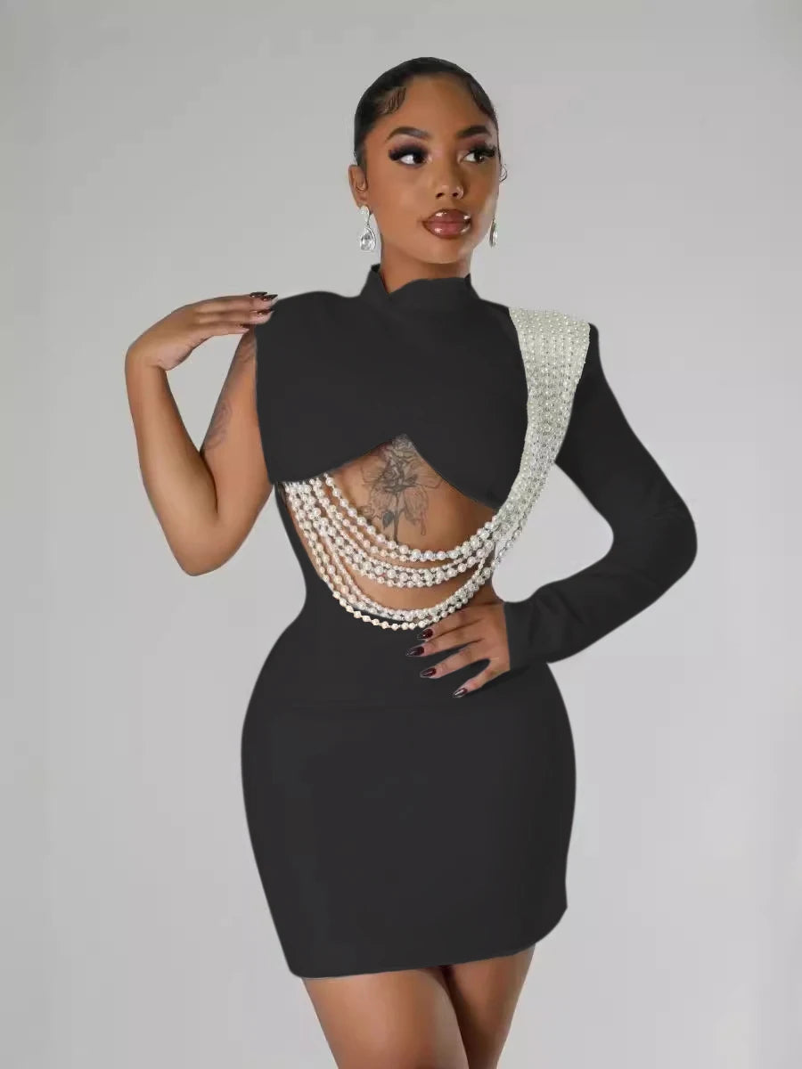 Women Full Sleeve Elegant O-neck Mini Dress 2024 Summer Pearl String Sexy Street Night Club Party Vestidos Dresses black