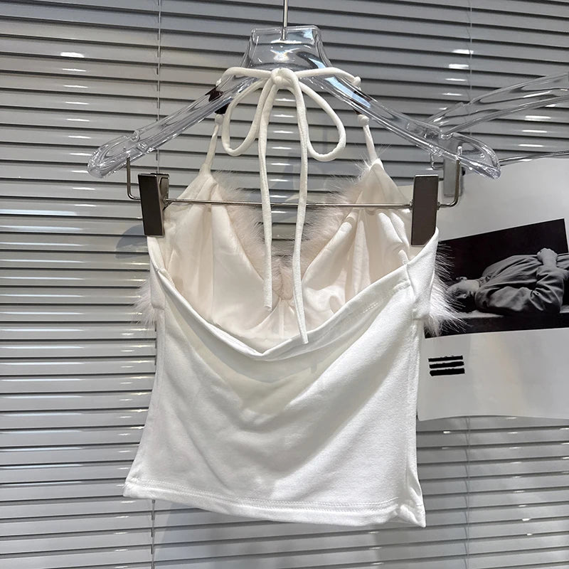 Winter New Elegant Fashion Fur Patchwork Backless Tie Halter Neck Camisole For Women Slim Fit Tank Top Female 11A07479