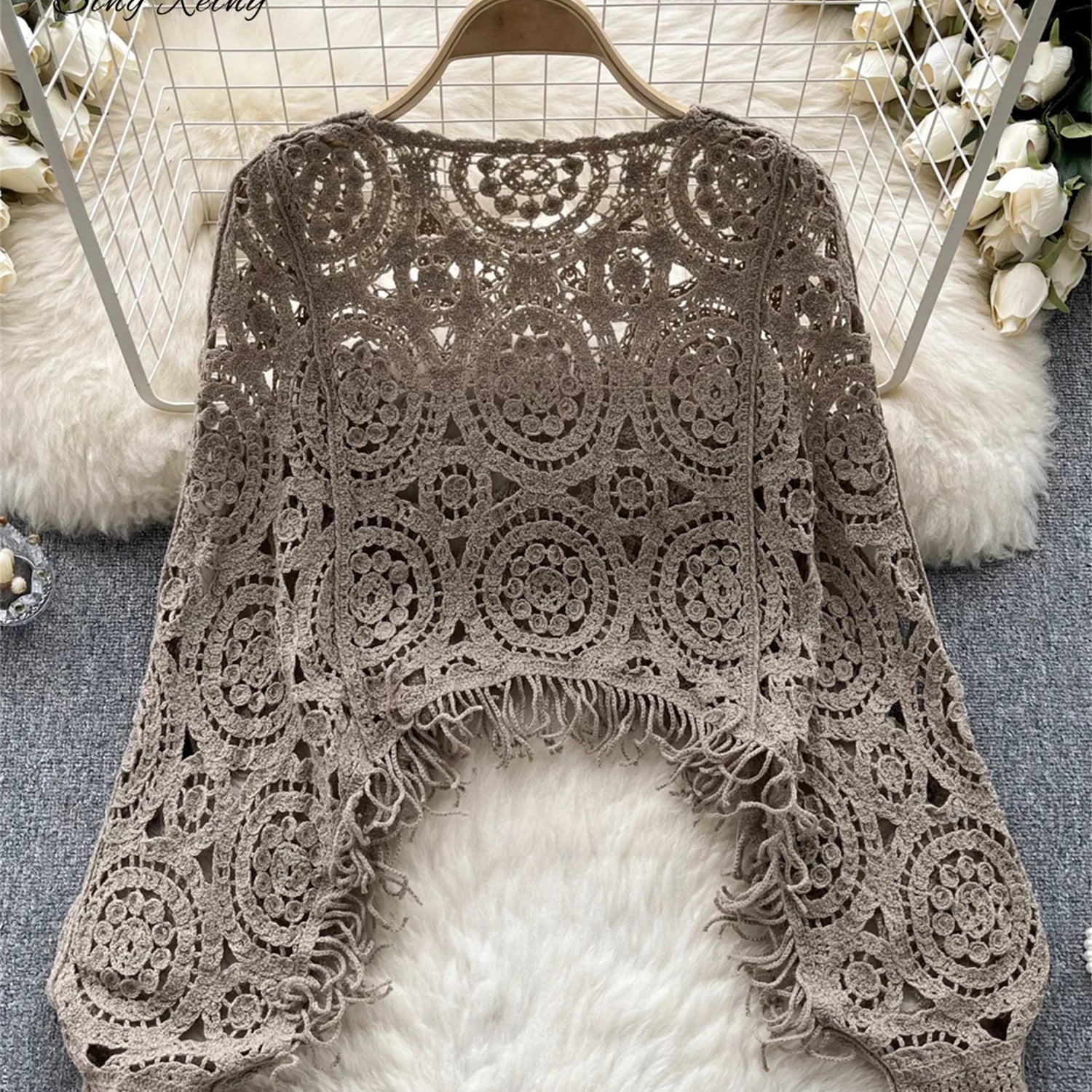 SINGREINY Autumn Casual Loose Knitting Top O Neck Hook Flower Hollow Long Sleeved Tassel Design Fashion French Vintage Blouse