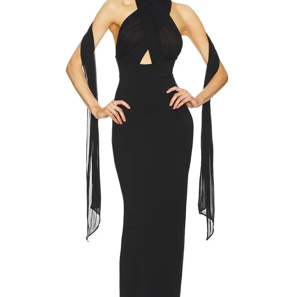 Black White Color Women Sexy Halter Off the Shoulder Sexy Mesh Long Dress Celebrate Evening Party Red Carpet Dress Wholesale