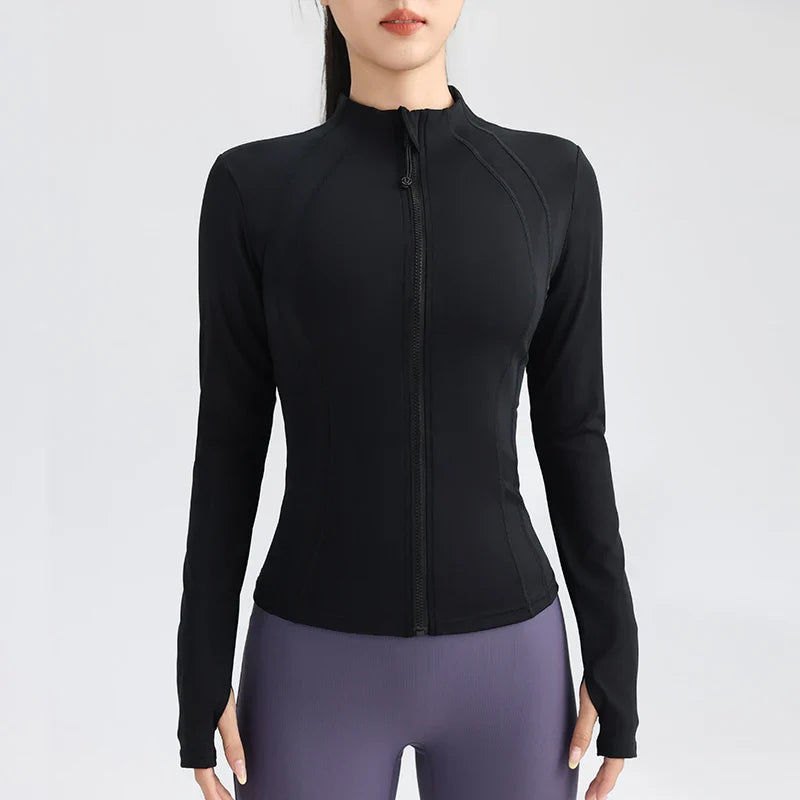 Gym Women's Full Zip Yoga Top With Thumbholes Fitness Running Jacket Stretch Fit Long Sleeve Round Neck Top Sportswear Black