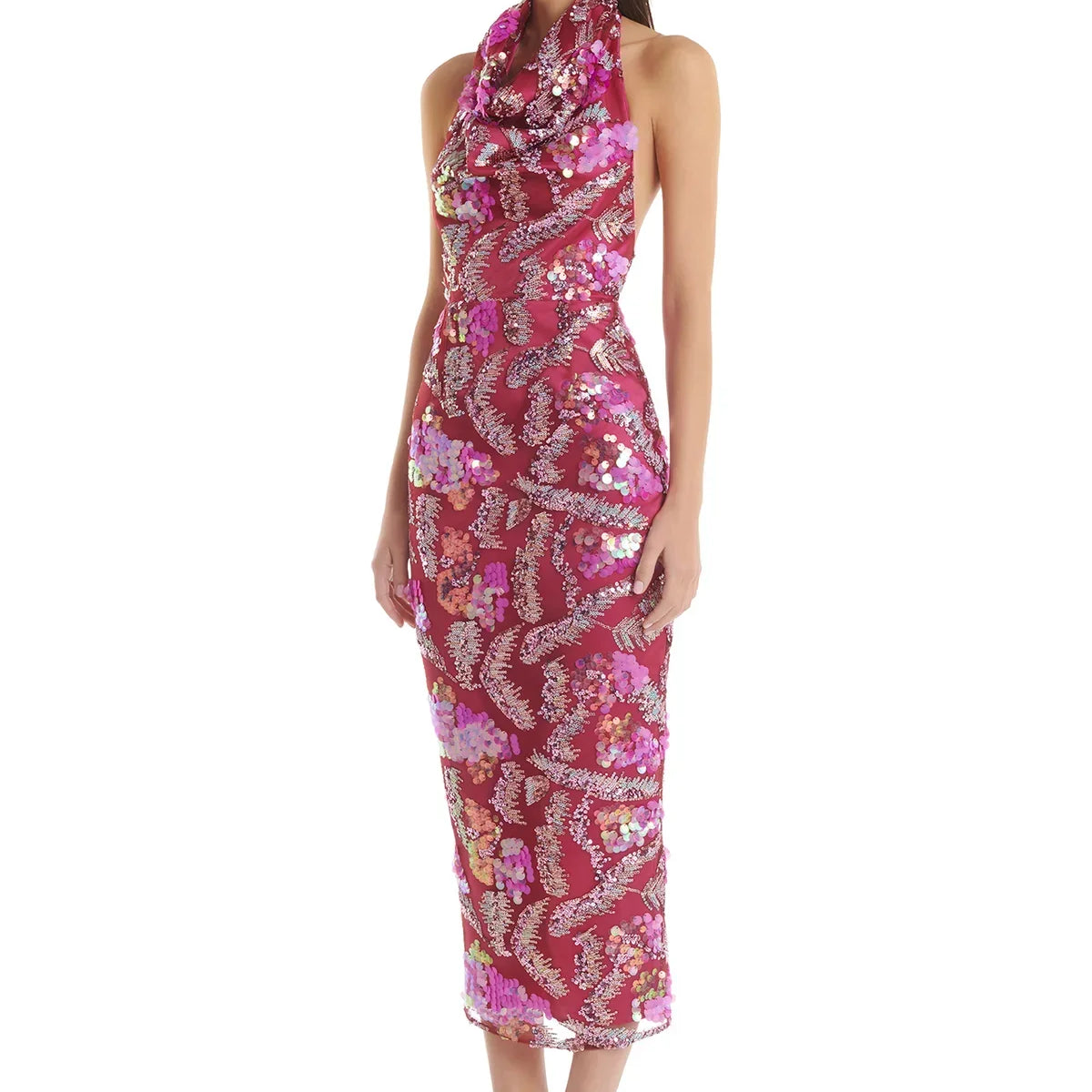 Women Sexy Halter Off the Shoulder Shinning Sequins Embroidery Bodycon Mid-calf Dress Elegant Evening Party Dress