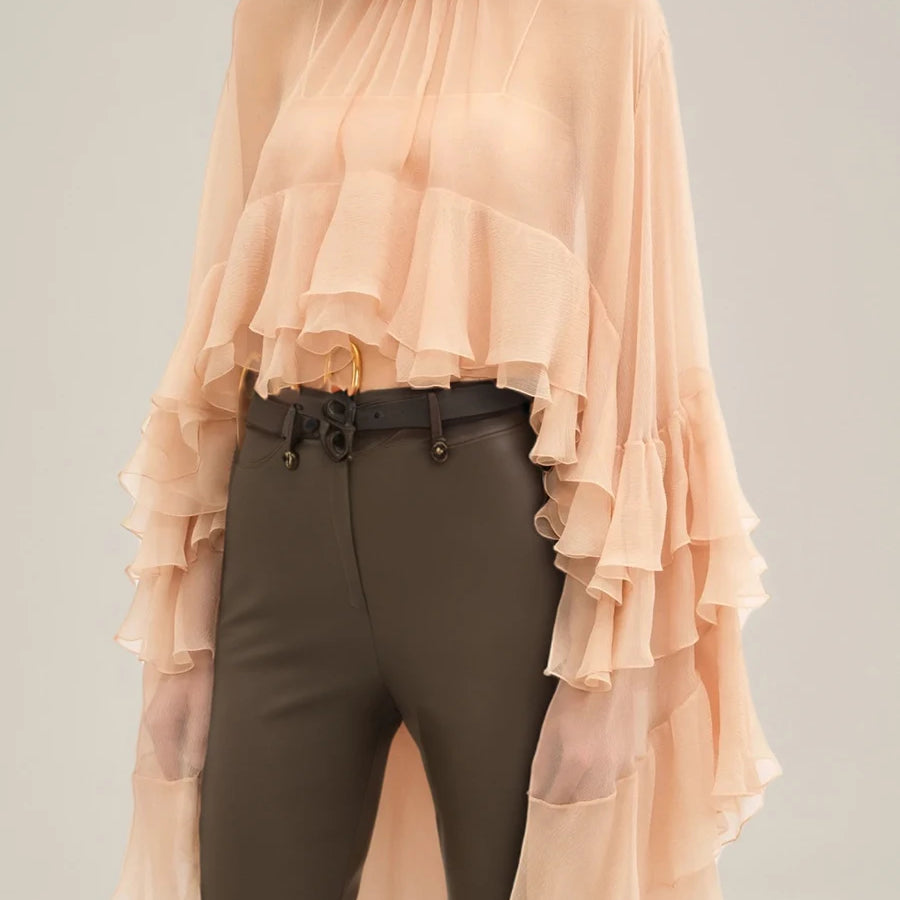 Solid Loose Sheer Blouses for Women High Neck Long Sleeves Patchwork Ruffles Folds Elegant Blouse Female Clothing