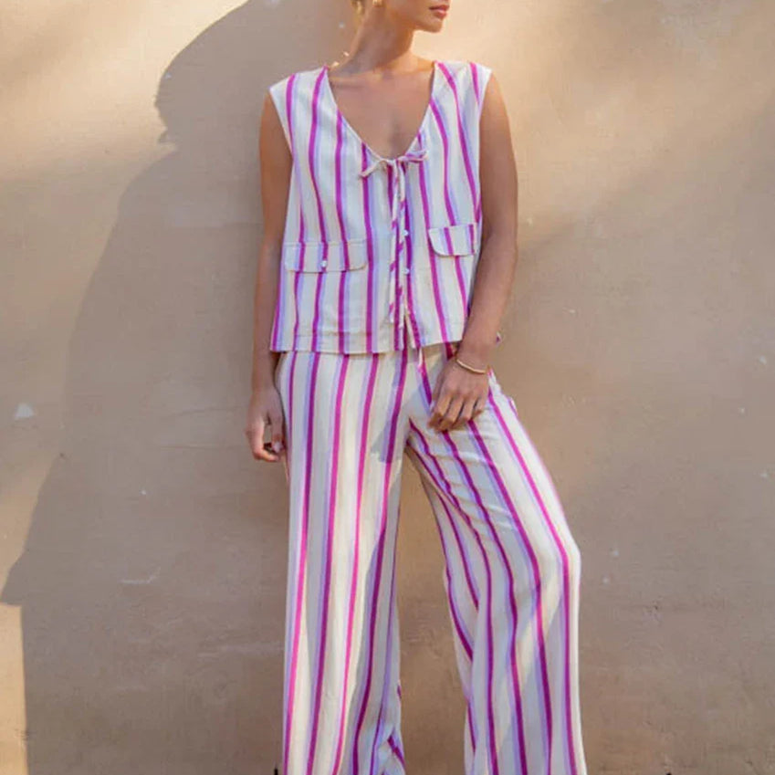 Clacive Summer Loose Print 2 Piece Sets Women Outfit Fashion Sleeveless Tank Top With High Waist Wide Pants Set Streetwear