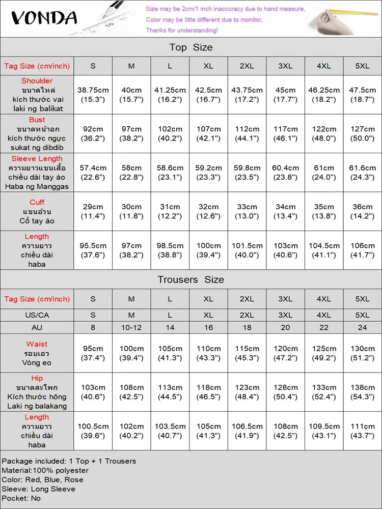 Plus Size VONDA Women Sets Two Piece 2024 Holiday Bohemian Printing Elegant Long Sleeve Outfits Fashion Casual Simple 2pc Suits