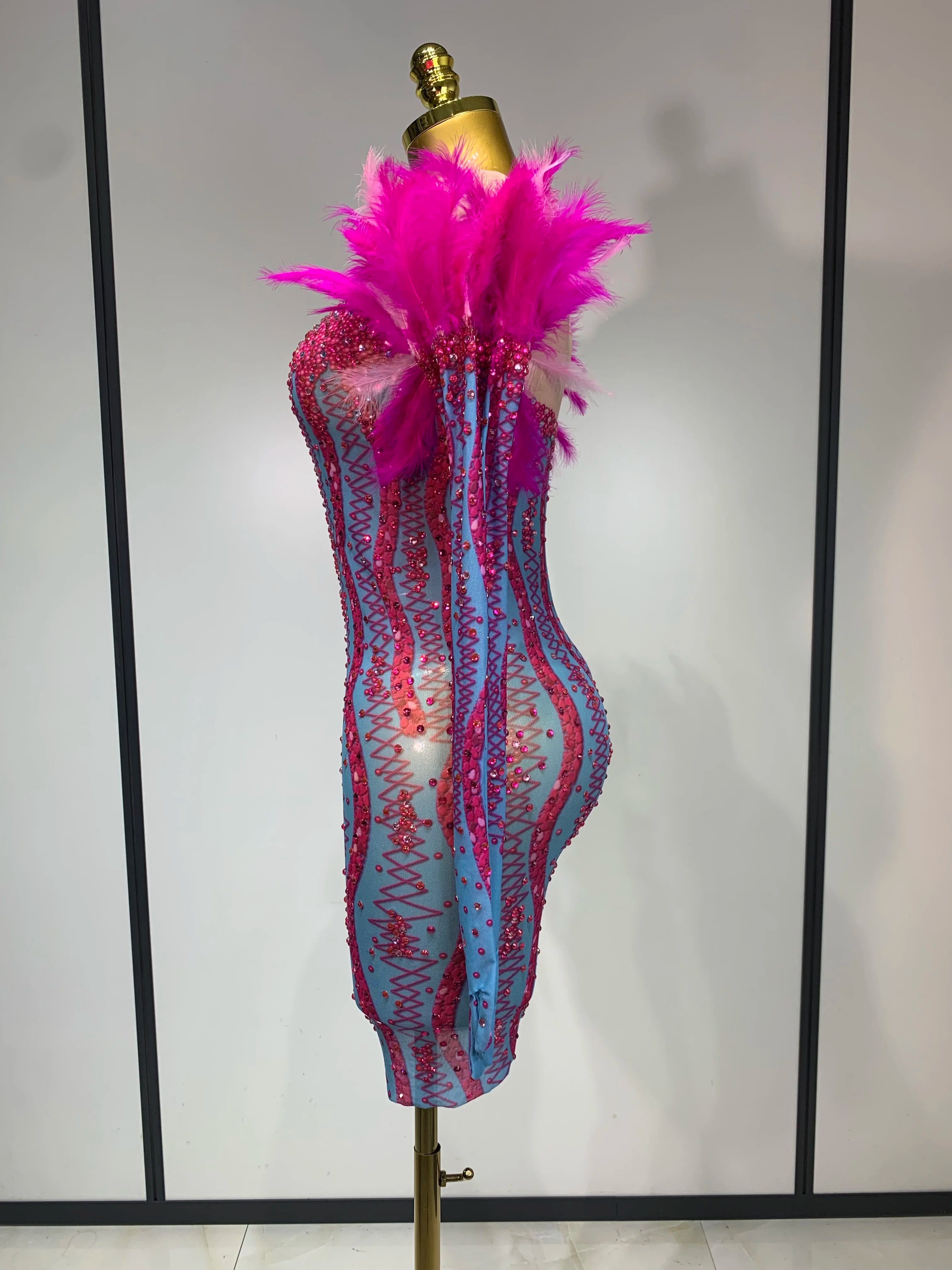 Women Sexy Mesh See Through Diamond Feather Dress 2025 Elegant Evening Party Luxury Birthday Nightclub Performance Stage Costume