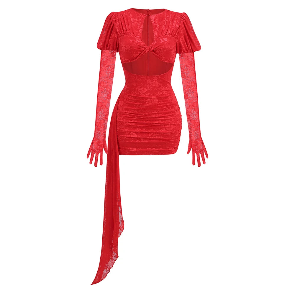 Red White Women Long Sleeve Sexy Lace Draped Bodycon Mini Dress Gloves Nightclub Party Celebrate Birthday Dress