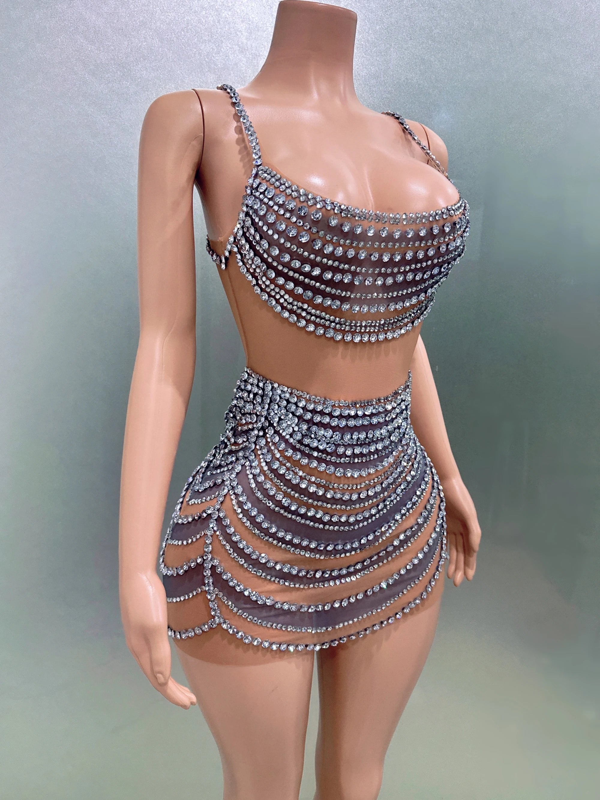 STOCK Women Sleeveless Sexy O-Neck Bodycon Mini Mesh Crystal Dress Celebrate Nightclub Party Bar Singer Performance Costume