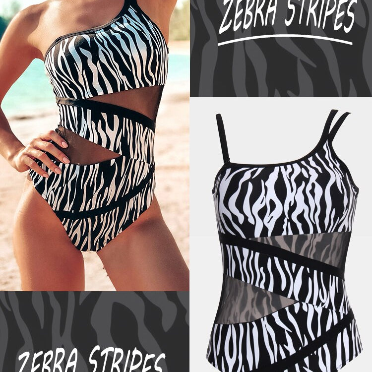 Sexy Mesh One-Piece Swimwear - One Shoulder Swimsuit Bodysuit Beachwear Brazilian Bathing Suits Summer Monokini Zebra Stripes