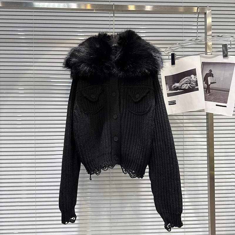 Winter New Street Style Faux Fur Collar Pocket Thick Knit Sweater Jacket For Women Single-breasted Cardigan 11A07488 Black One Size