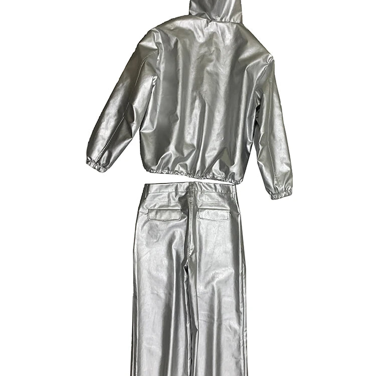 Lautaro Autumn Cool Silver Baggy Faux Leather Wide Leg Pants for Men Trousers Loose Casual Luxury Mens Designer European Clothes