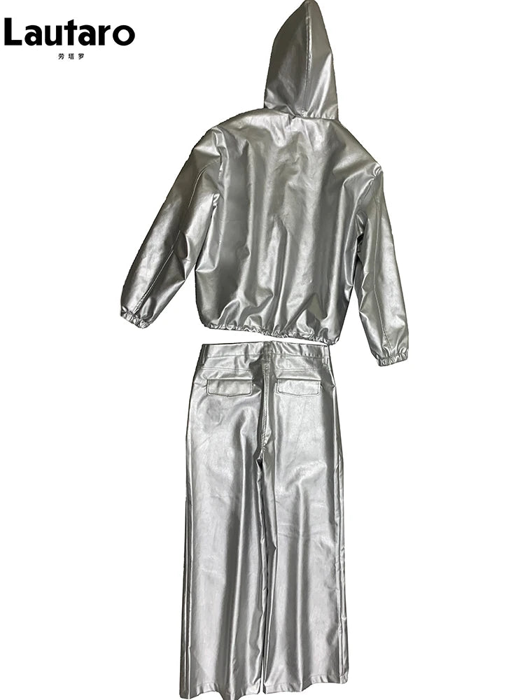 Lautaro Autumn Cool Silver Baggy Faux Leather Wide Leg Pants for Men Trousers Loose Casual Luxury Mens Designer European Clothes