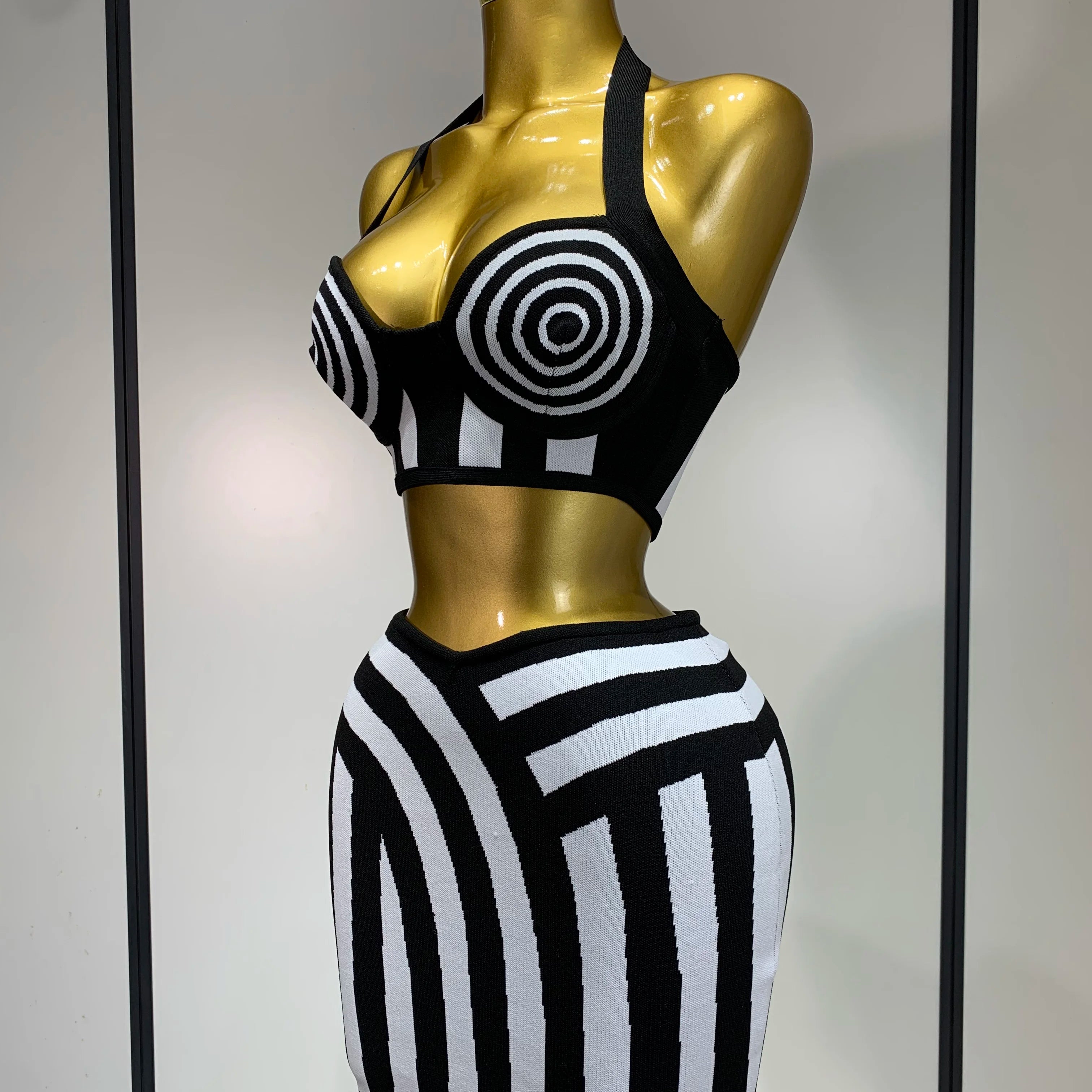 Women Sexy Backless Halter Striped Bandage Skirt Two Piece Set 2025 Knitted Celebrity Elegant Evening Birthday Party Dresses