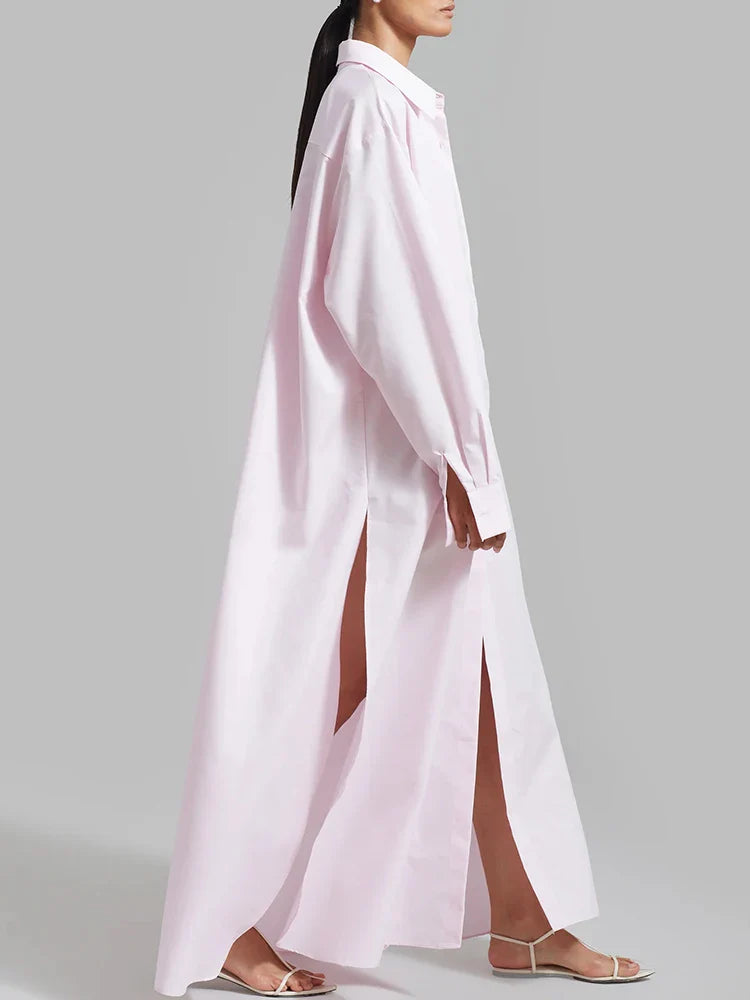 Solid Minimalist Split Dresses For Women Lapel Long Sleeve High Waist Patchwork Single Breasted Loose Dress Female