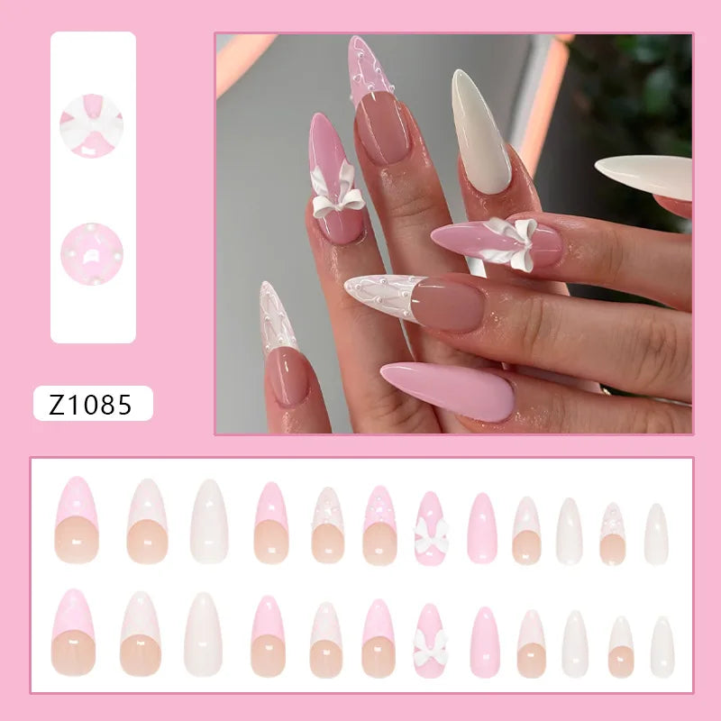 24pcs Summer Green Almond Press on Nails Fashion y2k Star Print False Nails Ins Simple Wearable Reusable Fake Nails for Women 3