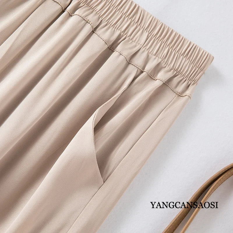 Women's Fashion Spring/Summer New Commuter 96%Natural Mulberry Silk Elastic Double Qiao Beige Wide Leg Casual Pants