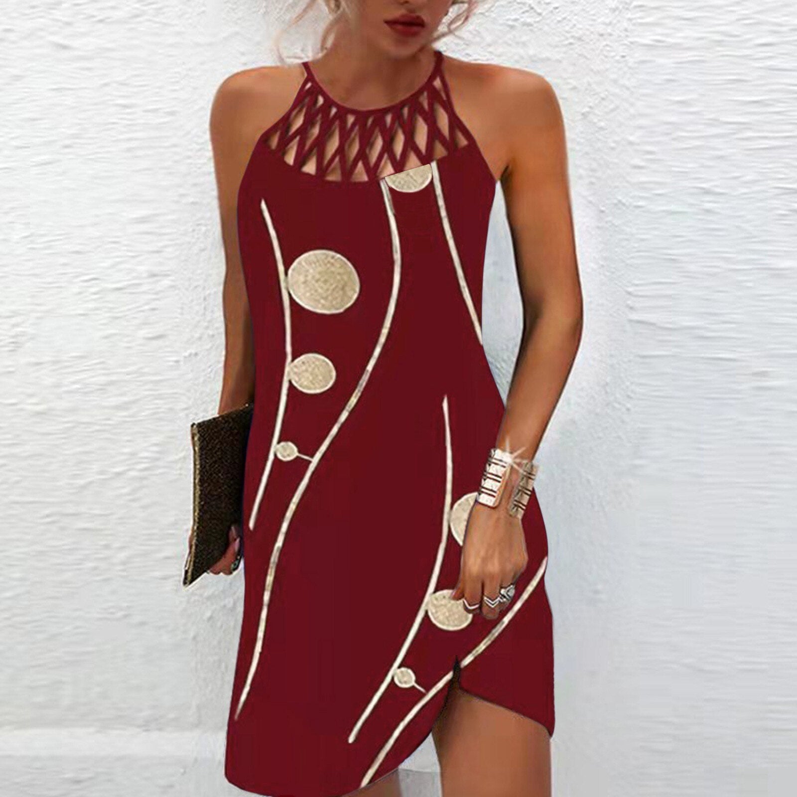 Summer Woman Vintage Tribal Print Off Shoulder V-Neck Design Casual Sleeveless Mini Boho Vacation Dress Vestido B-Wine