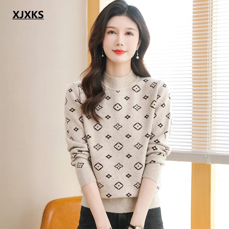 XJXKS 2024 Winter Warm Wool Knit Pullover Women's Turtleneck Sweaters Comforts Soft Knitwears Jumper Tops Khaki