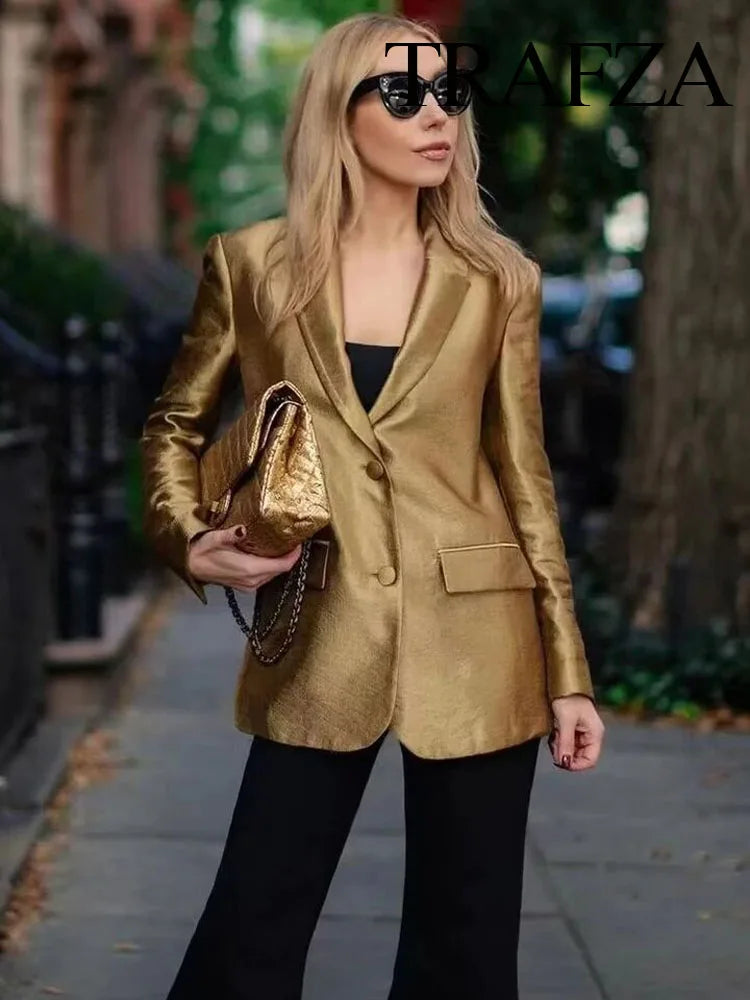TRAFZA Autumn New Women's Fashion Gold Blazer Retro V Neck Party Long Sleeve Button Up Women's Pocket Casual Blazer Chic Top