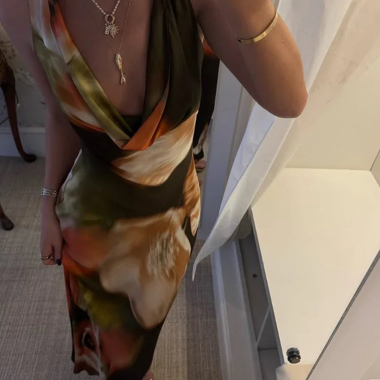 Women Tie Dyed Print Ruffles Maxi Dress Elegant Swing Neck Slim Fit Maxi Dresses Sexy Open Back Summer Evening Party Gowns 2025