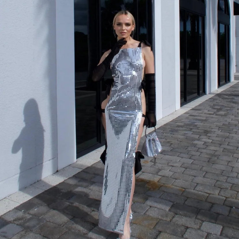 Celebrity Red Carpet Dress Women Sleeveless Sexy Shinning Sequined Bodycon Long Dress Side Bow Celebrate Evening Party Wear