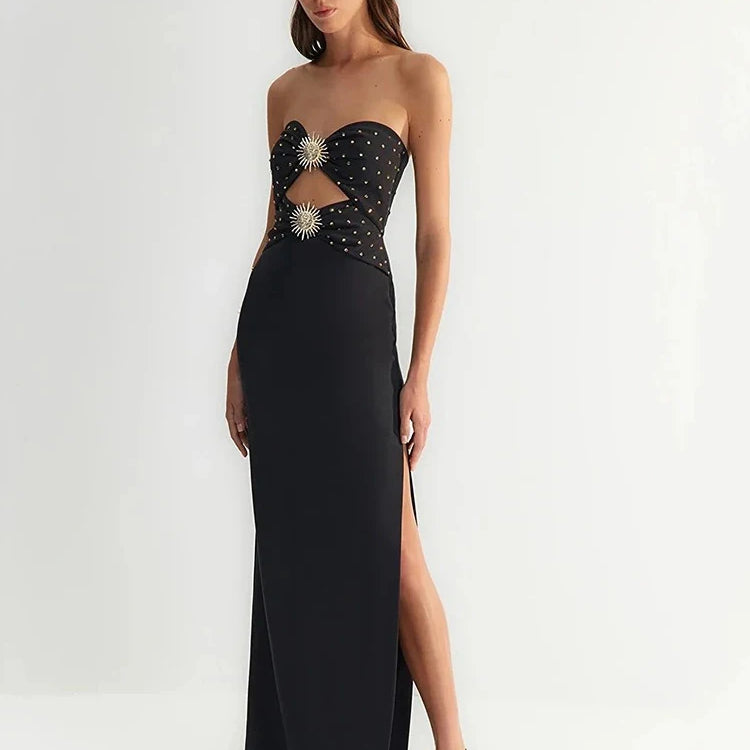 Black & Pink Sexy Strapless Hollow Out Diamond High Slit Shinning Rhinestones Bandage Long Dress Bodycon Celebrity Dress