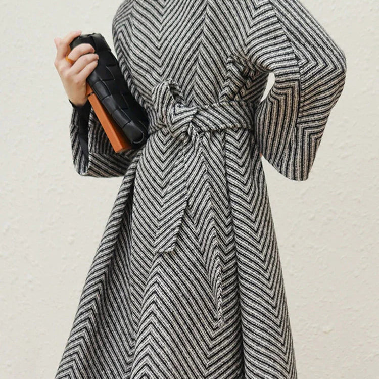 Autumn Winter Black and White Zigzag Woolen Coat Women Sashes A Line Loose Elegant Stylish Runway Korean Fashion 2022