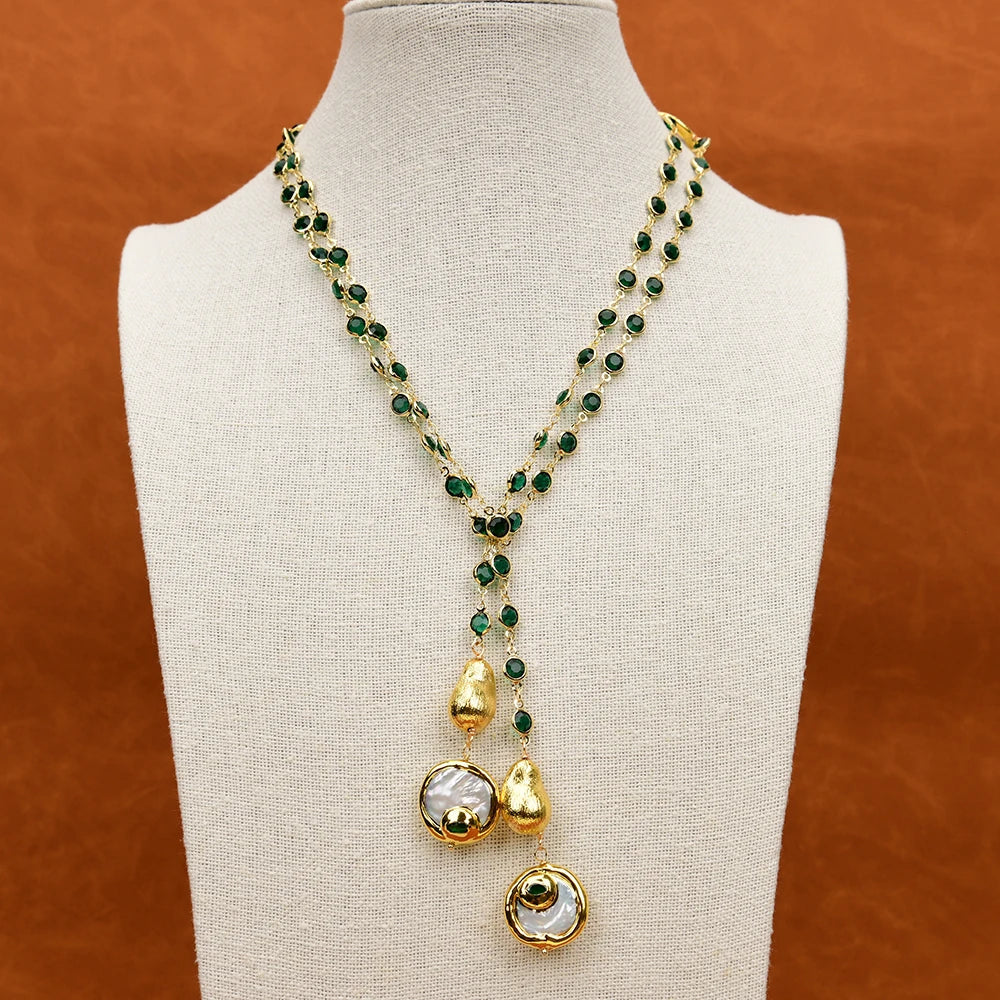 GG 46" Natural Cultured White Coin Pearl Green Crystal Paved Brushed Bead Long sweater chain Necklace