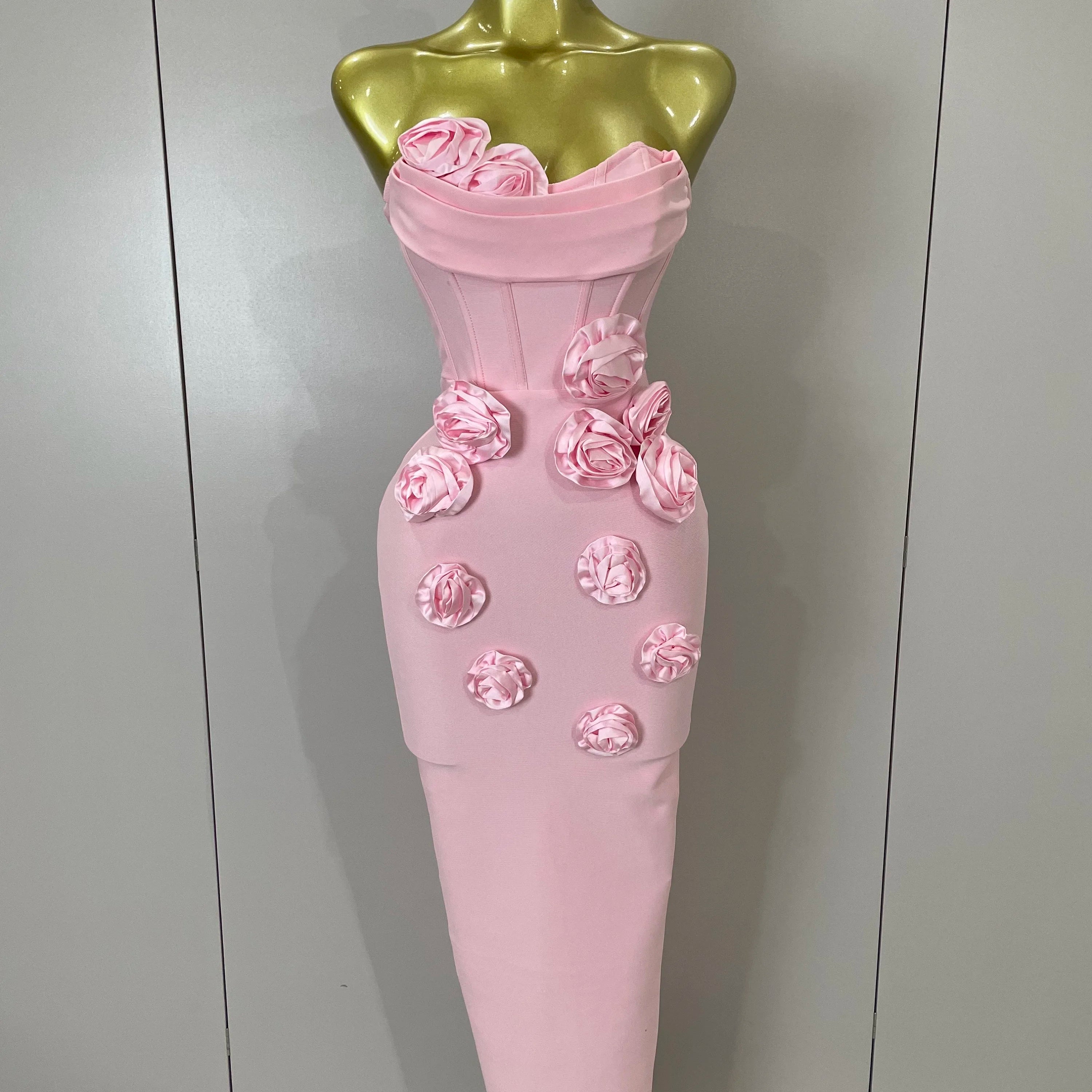 Sexy Fashion White Elegant Strapless Flower Bodycon Long Dress Women Casual Streetwear Club Birthday Party Slim Elegangt Dresses Pink