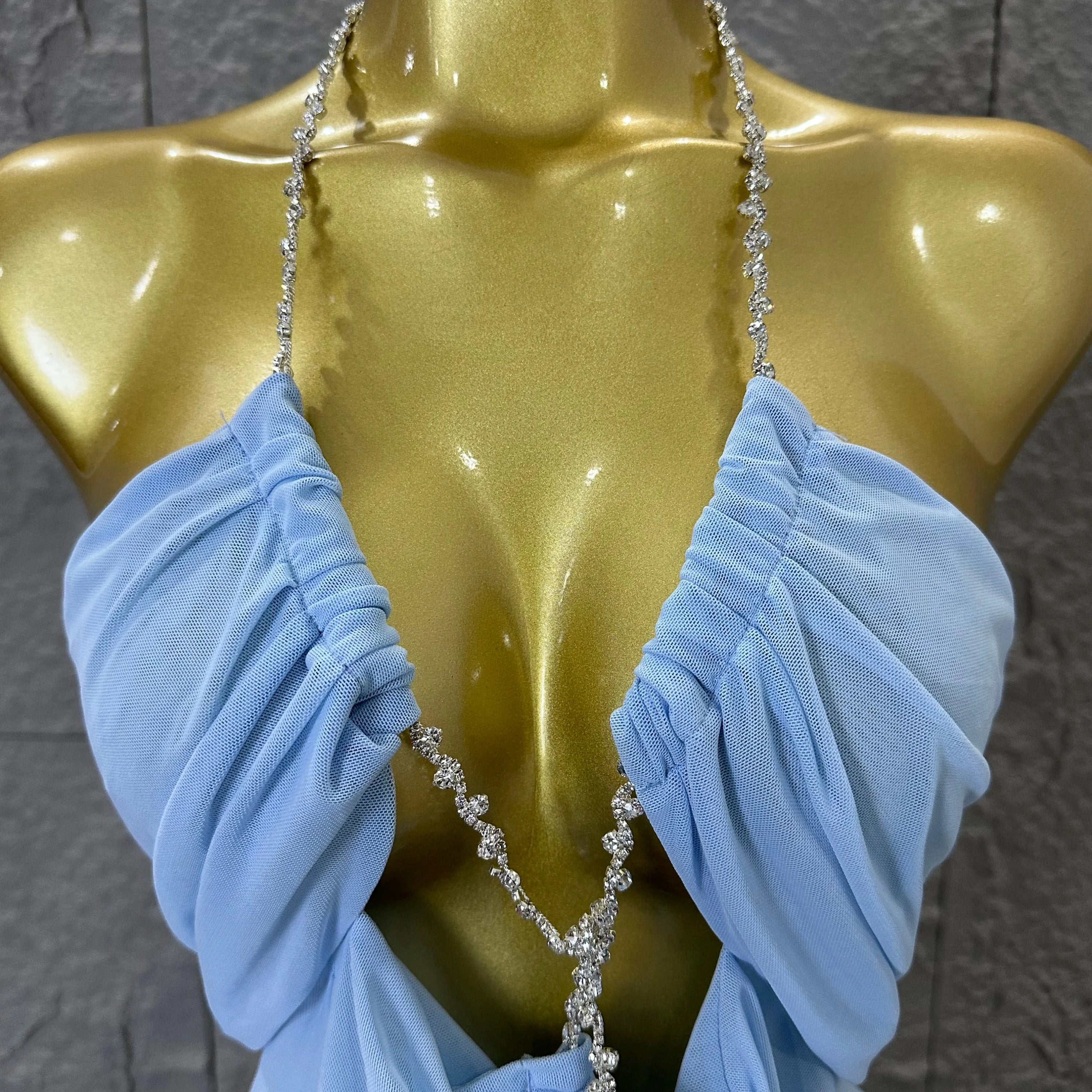 Sexy Halter Neck Maxi Dress Crystal Chain Cutout Ruched Women Sheer Mesh Form Outfit Glamorous Evening Gala Party Costume