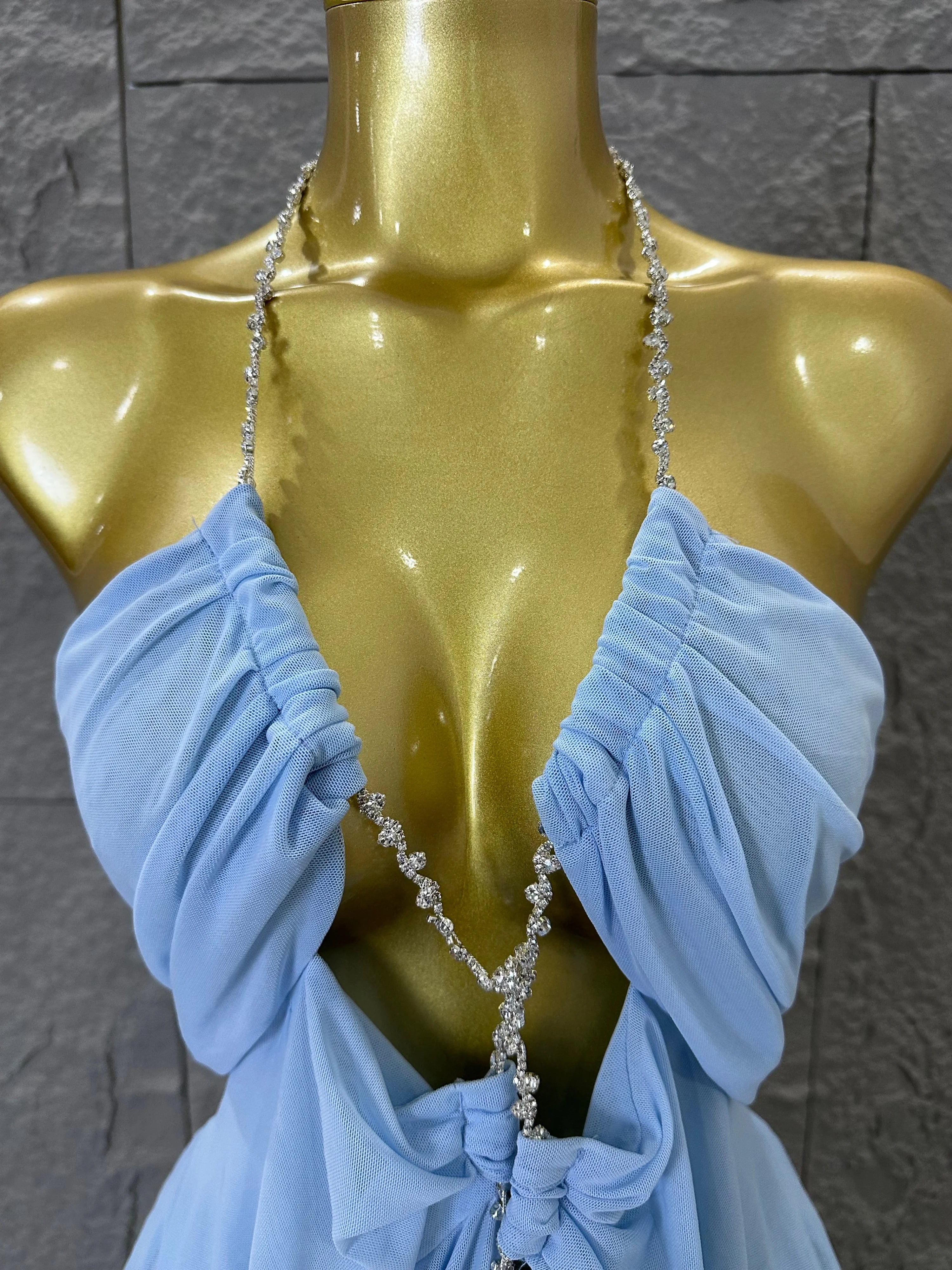 Sexy Halter Neck Maxi Dress Crystal Chain Cutout Ruched Women Sheer Mesh Form Outfit Glamorous Evening Gala Party Costume