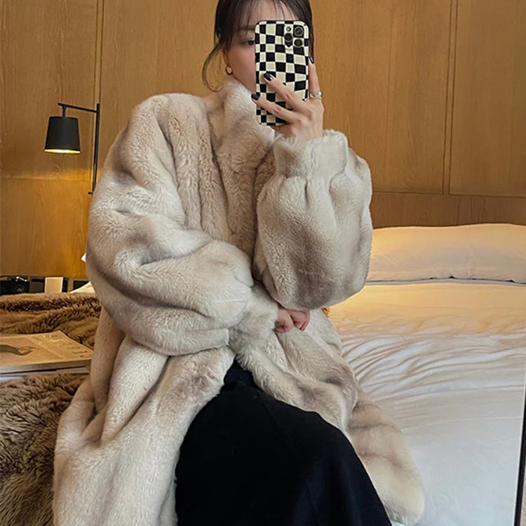 Winter Thick Warm Faux Mink Fur Coat Women Stand Collar Elegant Chic Luxury Designer Clothes Runway Fluffy Jacket 2022