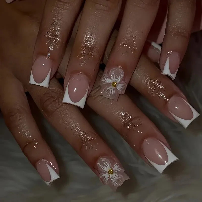 24Pcs Zebra Stripe French 3D Black Bow False Nails Short Square Press on Fake Nails Crocodile Grain Heart Wearable Manicure Tips AS56