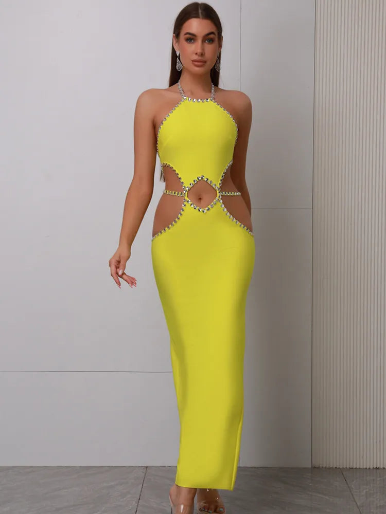 Women Celebrity Sexy Backless Halter Beading Maxi Long Lemon Yellow Bandage Dress Elegant Evening Club Party Dress