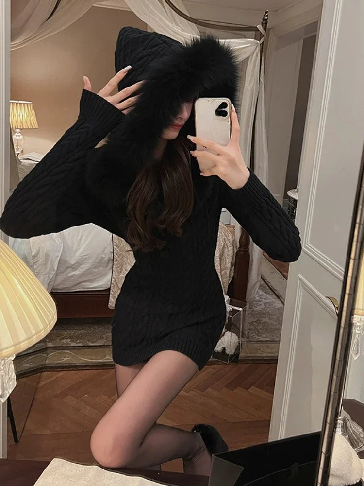 2023 Winter Knitted Sweater Dress with Hooded Women Slim Bodycon Y2k Mini Dress Faux Fur Female One Piece Dress Korean Elegant Black Dress