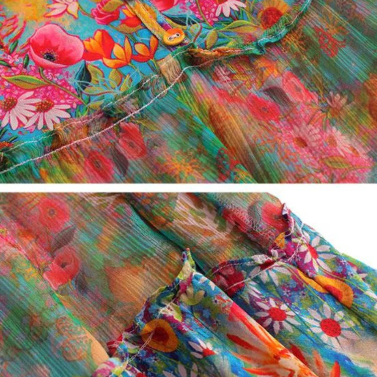 Summer 2023 Beach Boho Vintage Print Chiffon V Neck Dress Elegant Party Robe Designer Vestidos Loose Midi Dresses